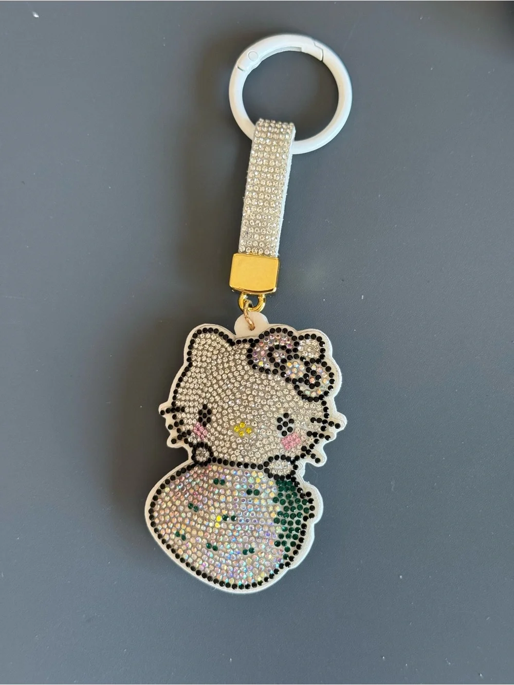 Rhinestone Strawberry HK Kitty Cartoon Character Keychain Bag Charm (White)